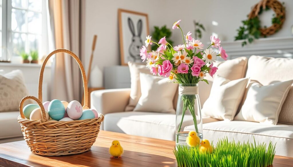 Cozy living room decorated for Easter with a wicker basket of pastel-colored eggs, pink roses, white daisies, chick figurines, and a framed rabbit picture.