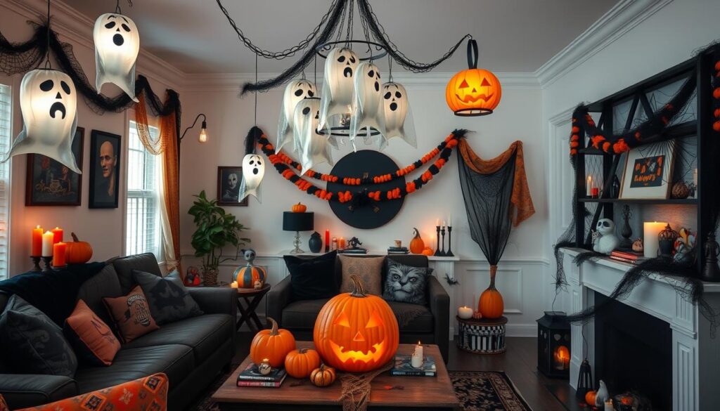 "Living room decorated for Halloween with ghost-shaped lights, jack-o'-lanterns, pumpkins, black and orange garlands, and Halloween-themed pillows.