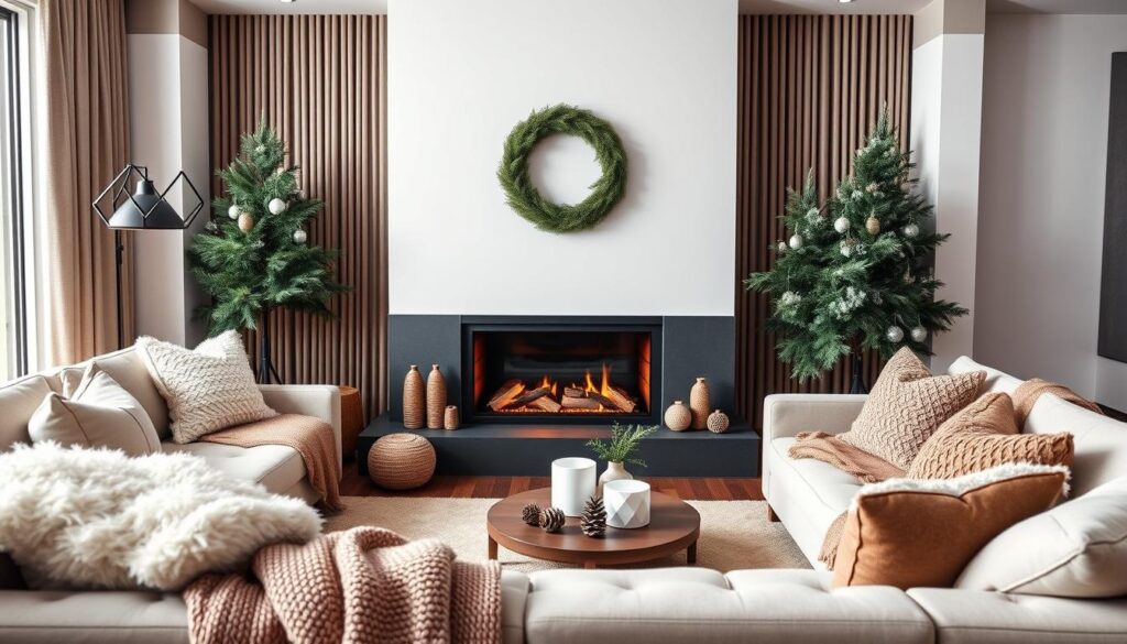 Modern winter decor in a cozy living room with a decorated Christmas tree, a plush tufted sofa with fur throws, and a dining table set for a festive meal.