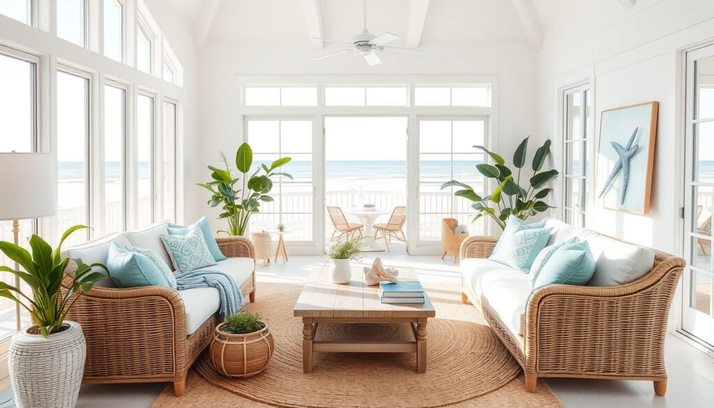 Bright living room with coastal decor, featuring wicker sofas, light blue throw pillows, a wooden coffee table, and large windows with an ocean view.