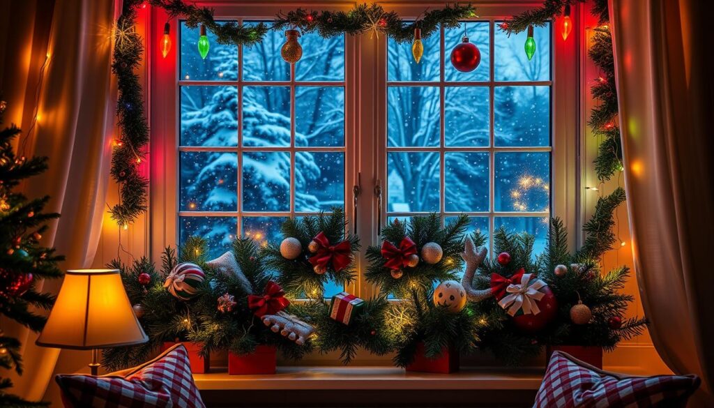 "Beautifully decorated window with festive garlands, ornaments, colorful lights, and a snowy landscape outside.