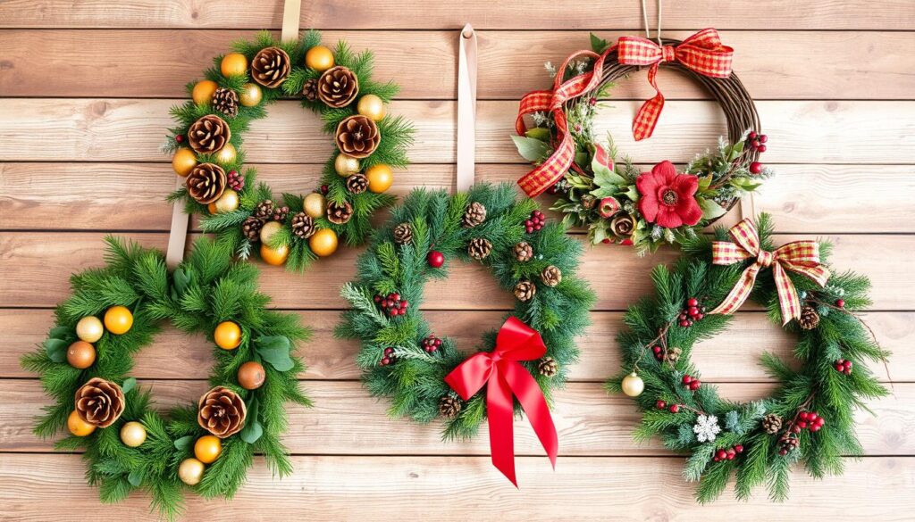 Five unique DIY Christmas wreaths hanging on a wooden wall, each decorated with pinecones, golden ornaments, bows, berries, and a snowflake ornament.