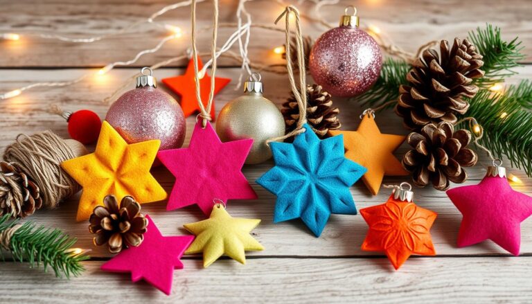 "Collection of easy-to-make Christmas ornaments including colorful felt stars, glittery baubles, pine cones, and string lights on a wooden surface.