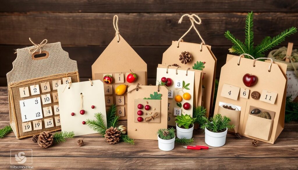 Handmade advent calendars made from brown paper, pinecones, berries, leaves, and small ornaments on a wooden surface.