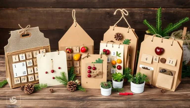 Handmade advent calendars made from brown paper, pinecones, berries, leaves, and small ornaments on a wooden surface.