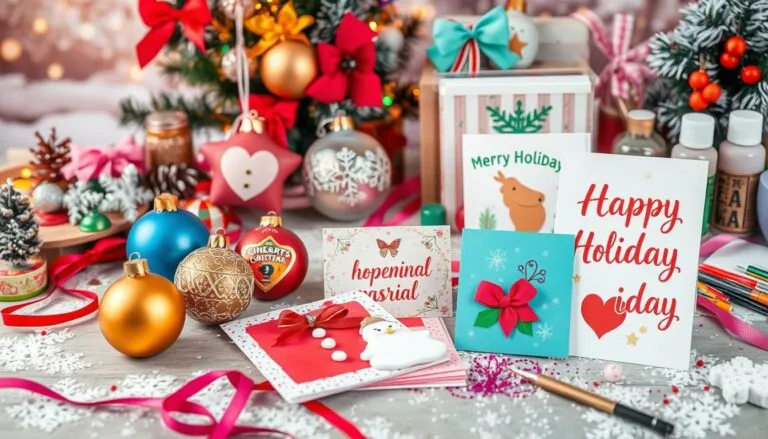 "Festive holiday scene with colorful Christmas ornaments, greeting cards, and art supplies on a table, including gold, blue, and red baubles, pine cones, small trees, and ribbons.