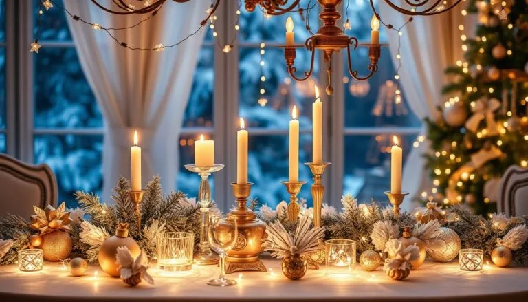 Festively decorated table with lit candles, pine branches, gold ornaments, small decorative lights, and a chandelier with star-shaped lights, with a Christmas tree and snowy window view in the background.