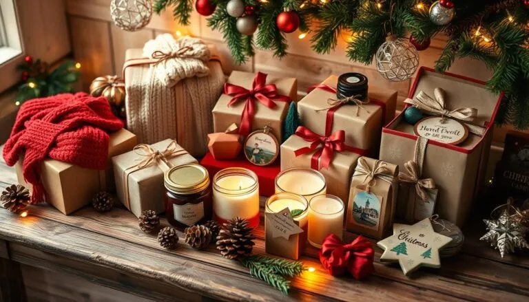 Festive holiday scene with wrapped gifts, lit candles, pinecones, and evergreen branches arranged on a wooden surface, with Christmas ornaments hanging above.