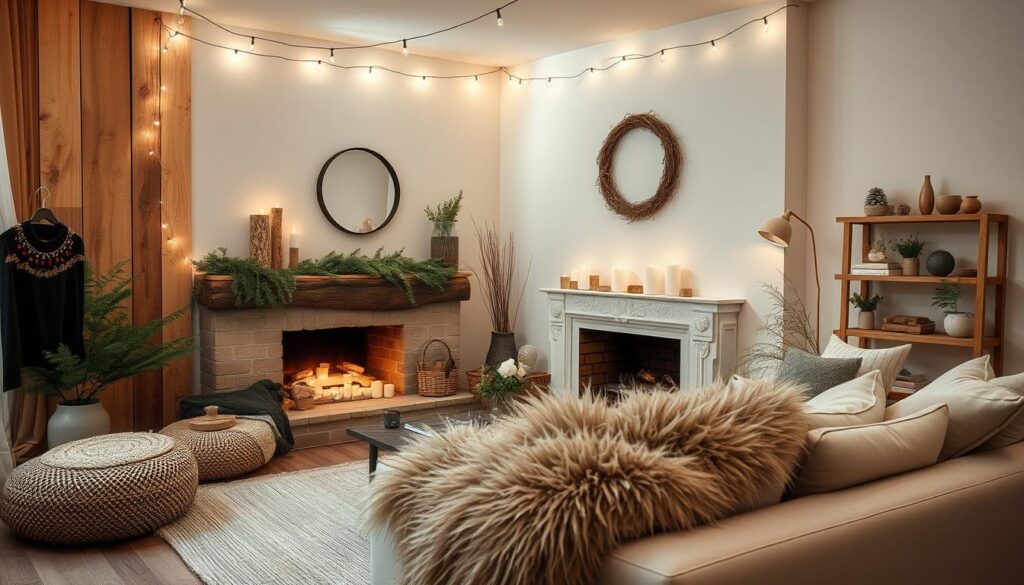 Cozy, well-decorated living room with two fireplaces, string lights, a beige sofa with fluffy pillows, a wooden shelf with various decorative items, and plants adding greenery.