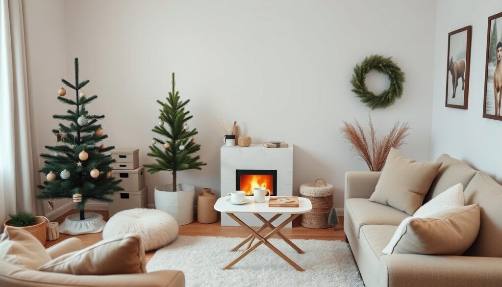 Cozy living room with two small decorated Christmas trees, a white fireplace with a burning fire, a white coffee table with cups and a book, a beige sofa with beige cushions, and a white rug.
