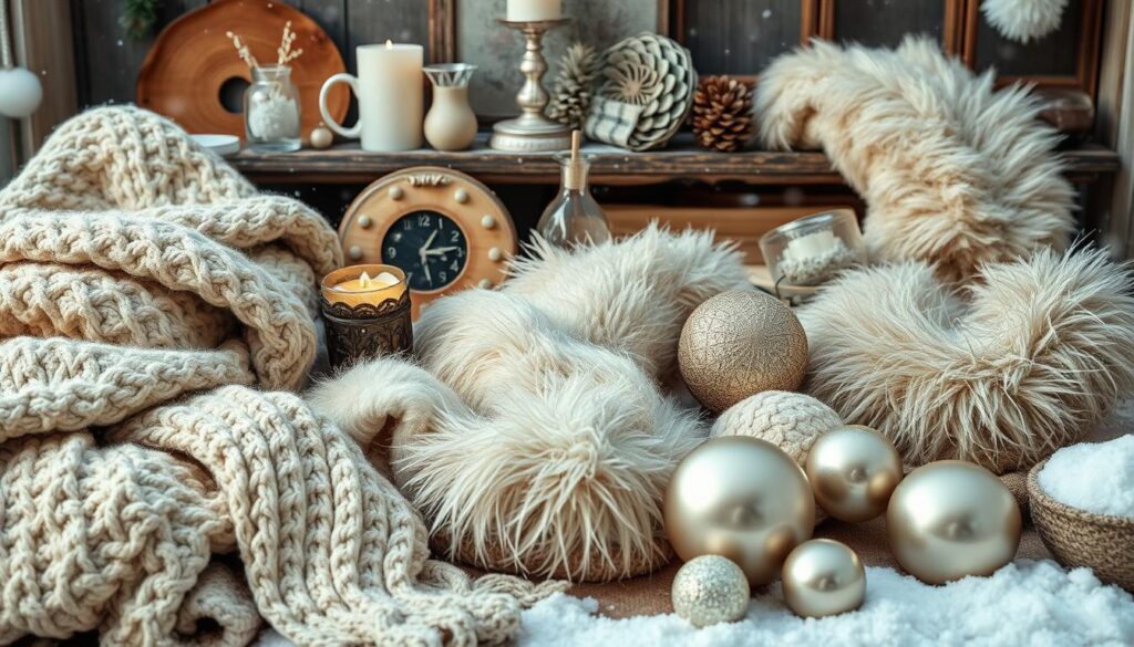 Winter Decor Trends: Cozy and elegant winter-themed arrangement with knitted blankets, ornaments, and pine cones.