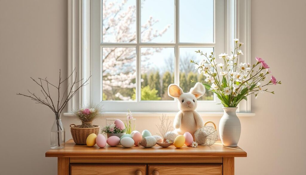 Wooden table with Easter-themed decorations, including a wicker basket with a pink flower and pastel-colored eggs, a glass vase with bare branches, a stuffed bunny, and a white vase with pink and white flowers, set in front of a window overlooking a blooming garden.
