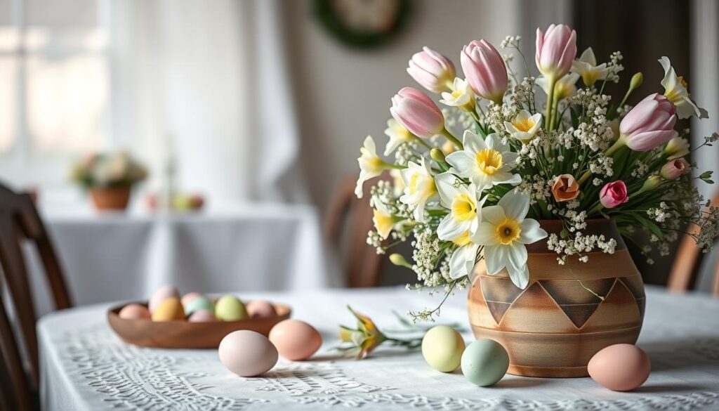 Decorative Easter-themed table arrangement with a floral bouquet in a vase, pastel-colored eggs on a white lace tablecloth, and a wooden bowl filled with pastel eggs.
