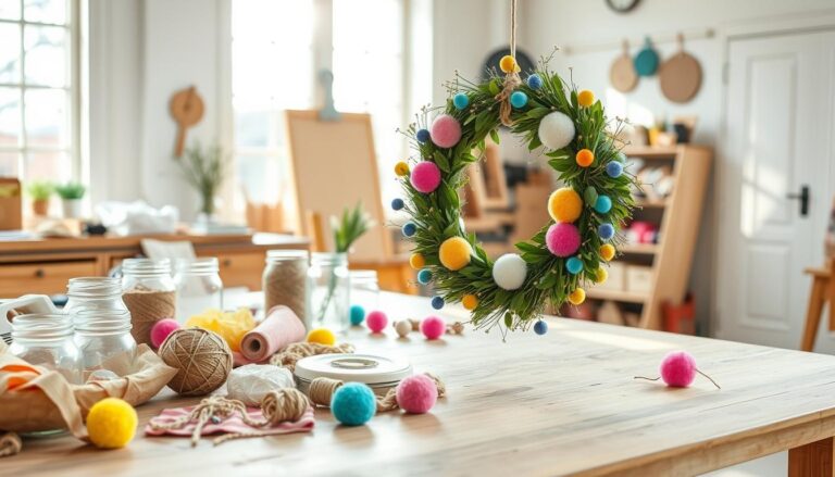 Craft room table with a colorful pom-pom wreath, accompanied by crafting supplies like yarn, scissors, and twine, with shelves of plants and materials in the background.