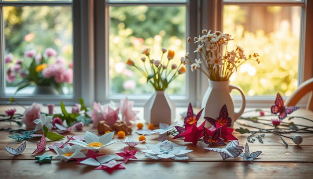 Wooden table decorated with origami flowers and butterflies in white, pink, red, and blue, surrounded by real flowers in vases, including yellow tulips and white daisies, against a bright window with a garden view.