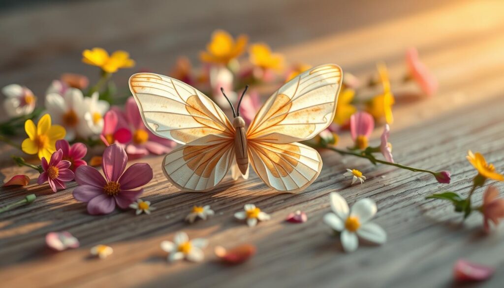 A light-colored butterfly with intricate beige and orange patterns rests on a wooden surface surrounded by pink, yellow, white, and purple flowers, illuminated by warm light.