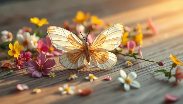 A light-colored butterfly with intricate beige and orange patterns rests on a wooden surface surrounded by pink, yellow, white, and purple flowers, illuminated by warm light.