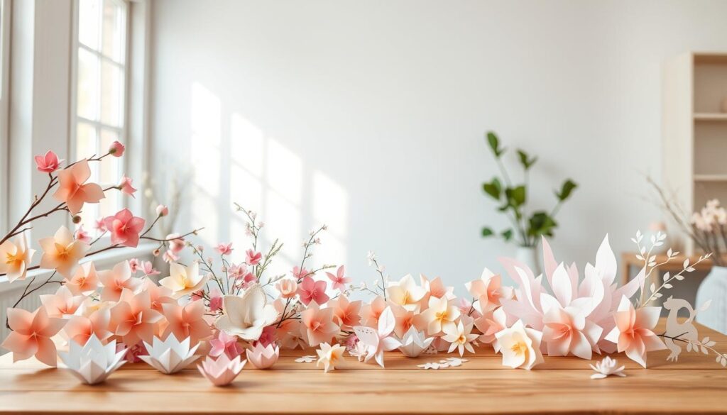 Collection of hand-crafted paper flowers in shades of pink, peach, and white, arranged on a wooden surface, with a softly lit room and greenery in the background.