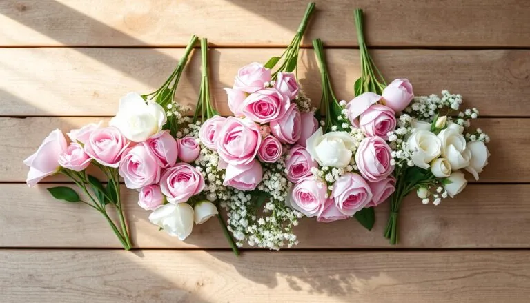 A collection of bouquets with pink and white roses, accented by delicate baby's breath, arranged neatly on a wooden surface with warm sunlight casting soft shadows