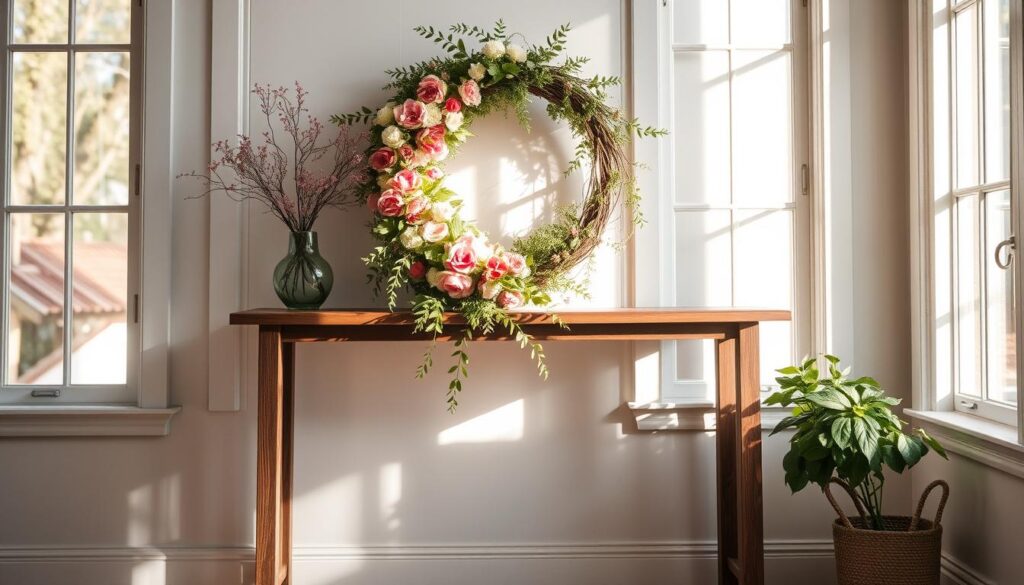Rustic twig wreath adorned with pink and white flowers and green foliage, displayed on a wooden table between two sunlit windows, complemented by a green vase with budding branches and a potted plant in a woven basket.