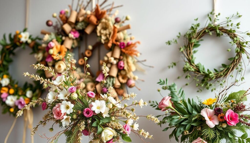 Three handmade spring wreaths displayed on a wall, featuring unique designs with green foliage, pink and white flowers, dried elements, and rustic twig accents, with floral arrangements below.