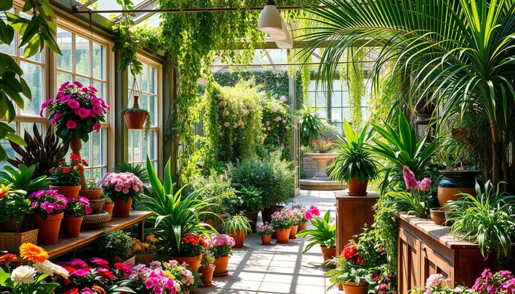 "A greenhouse filled with colorful flowers and lush greenery, featuring potted plants on shelves and tables, with hanging plants cascading from the ceiling, bathed in natural sunlight.