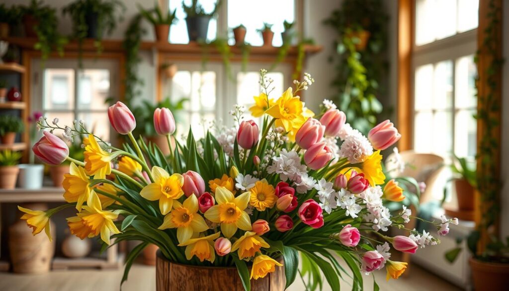A wooden vase filled with a vibrant bouquet of spring flowers, including yellow daffodils, pink and red tulips, and delicate white blossoms, set against a cozy indoor space with potted plants and natural light.