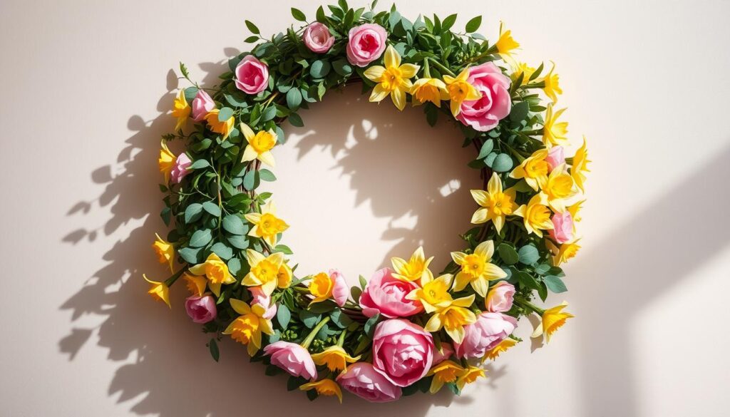 A circular wreath featuring artificial pink roses and yellow daffodils with interspersed green leaves, hanging against a light-colored wall, casting soft shadows.