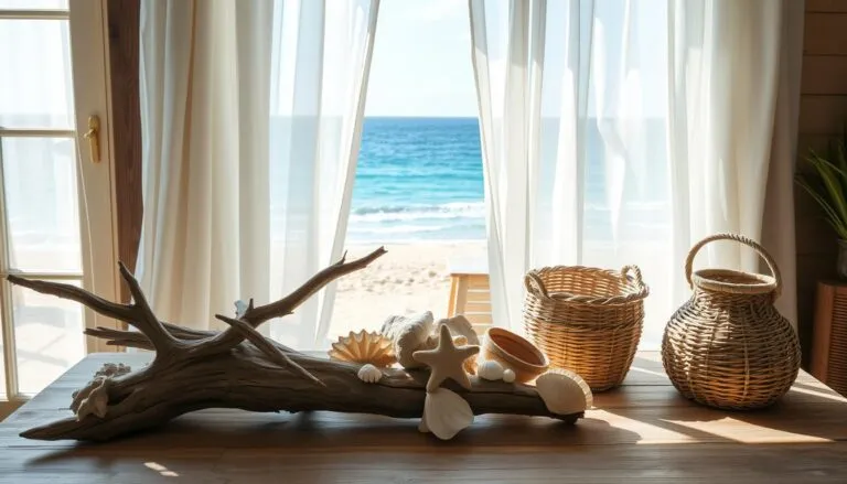 A bright and airy room with large windows overlooking the ocean, featuring sheer white curtains, a wooden table with driftwood and seashell decorations, and wicker baskets, creating a relaxed summer ambiance.
