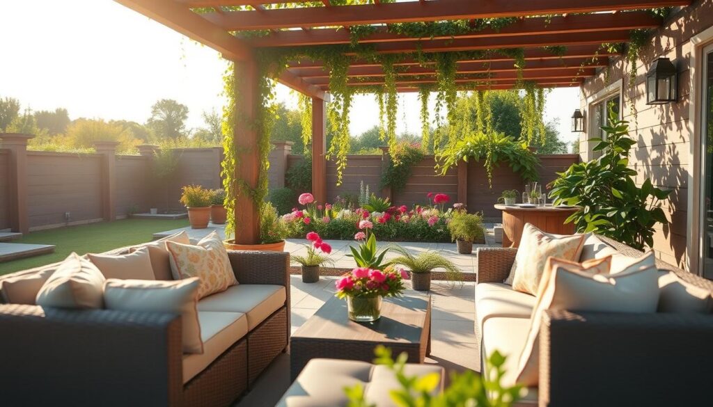 "A cozy outdoor patio featuring wicker furniture with beige cushions, a wooden pergola adorned with green vines, and potted flowers in shades of pink and red, creating a tranquil summer retreat.