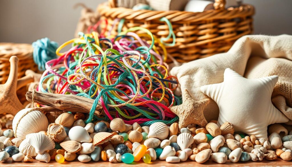 Colorful beach-themed craft arrangement featuring seashells, pebbles, and vibrant threads with starfish accents on a rustic surface.
