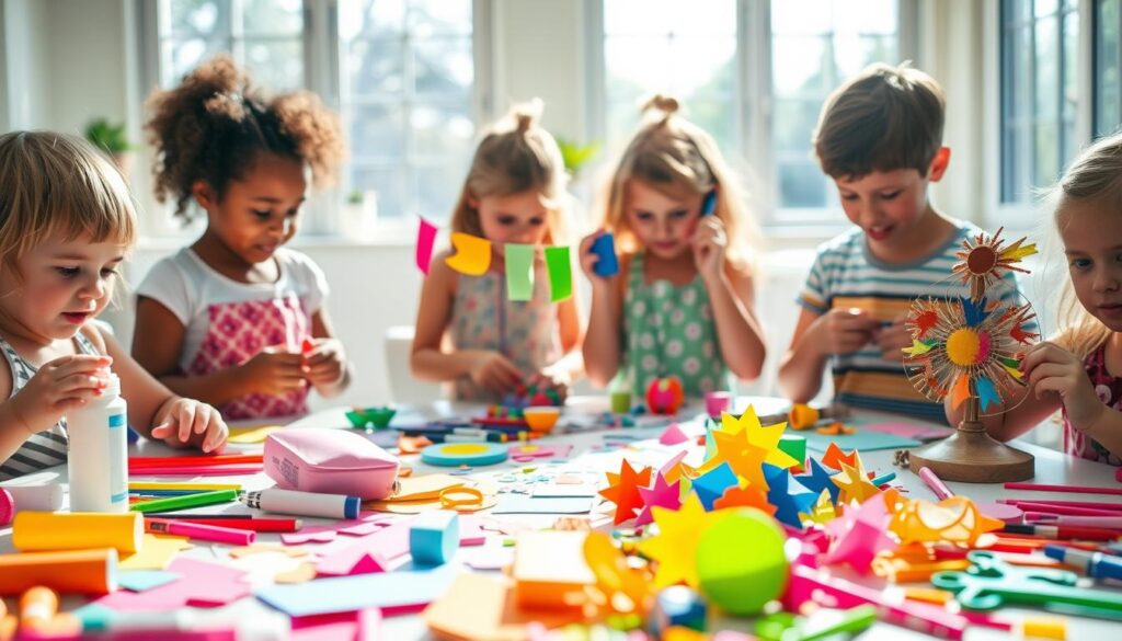 Children crafting at a sunny indoor table with everyday supplies like paper, glue, scissors, and markers.