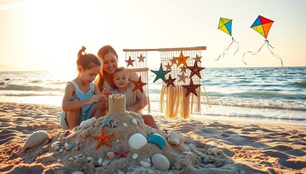 Children building a decorated sandcastle on the beach at sunset, with colorful seashells, starfish, a macramé wall hanging, and flying kites in the background.