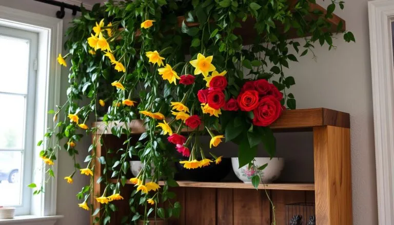 Wooden shelf adorned with cascading greenery, yellow blossoms, and red roses, illuminated by sunlight through a nearby window.