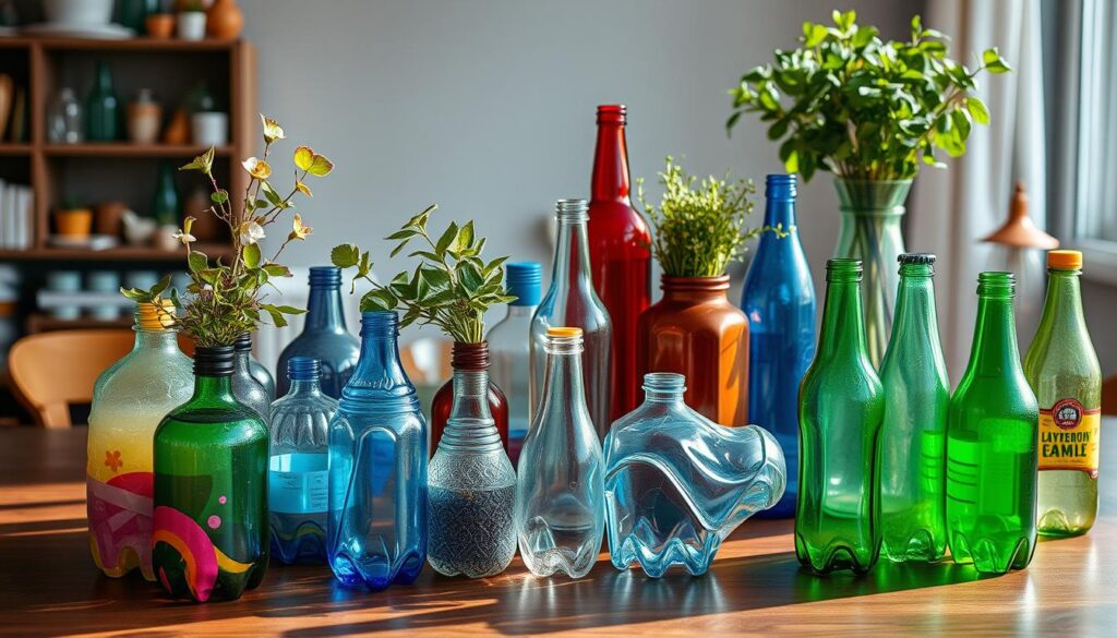 Various colorful bottles repurposed as plant holders arranged on a table, with more bottles and pots on a shelf in a sunlit room.