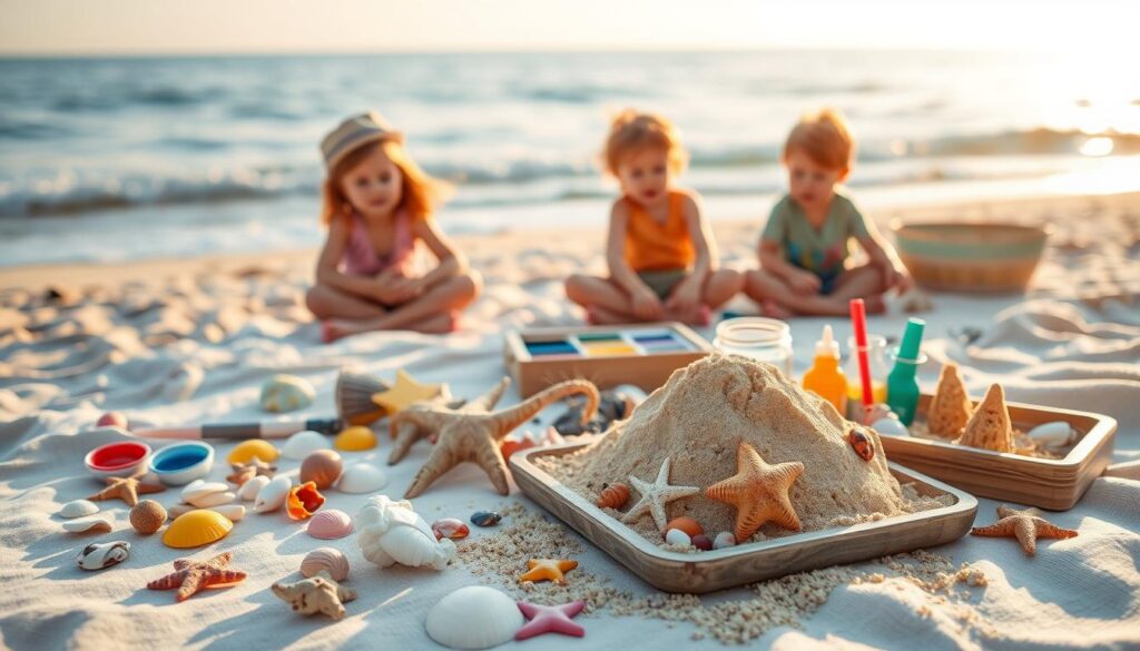 Children sitting on the sand by the ocean, surrounded by a colorful beach-themed craft setup including seashells, starfish, paint containers, brushes, sand molds, and bottles of colored liquid.
