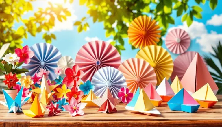 Origami creations in bright colors—boats, flowers, and pyramids—displayed on a wooden table with sunny sky and paper fans in the background.