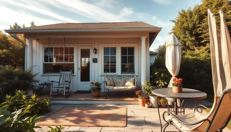 White cottage with floral patio seating, vintage rocking chair, and lush greenery—perfect for a summer home refresh.