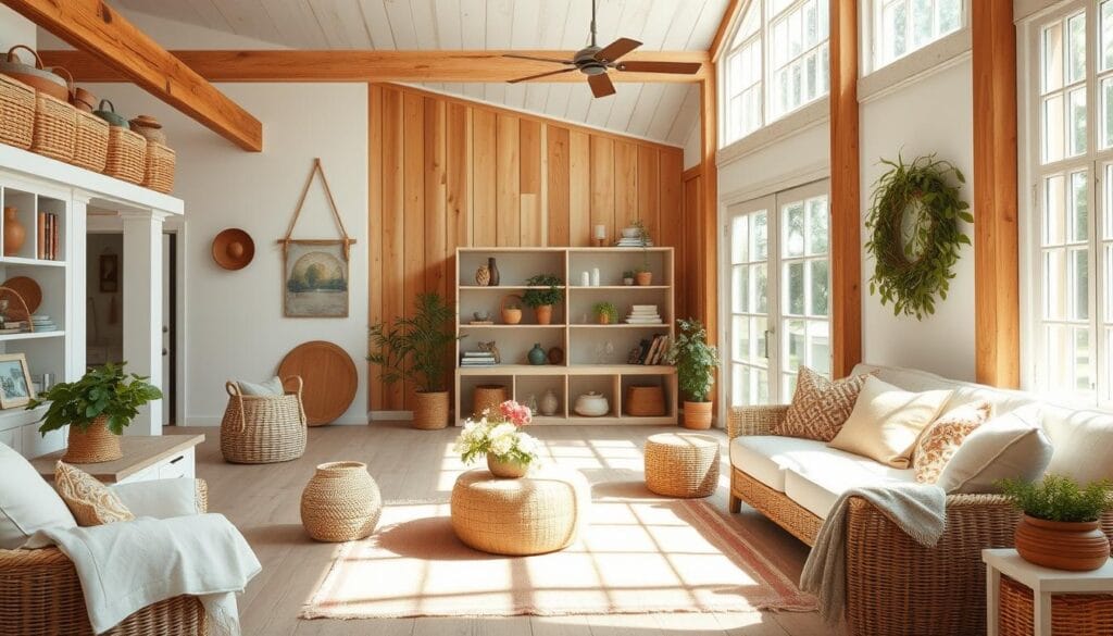 Bright farmhouse-style living room with wicker furniture, white sofa, wooden beams, and sunlit summer decor featuring plants and cozy textures.