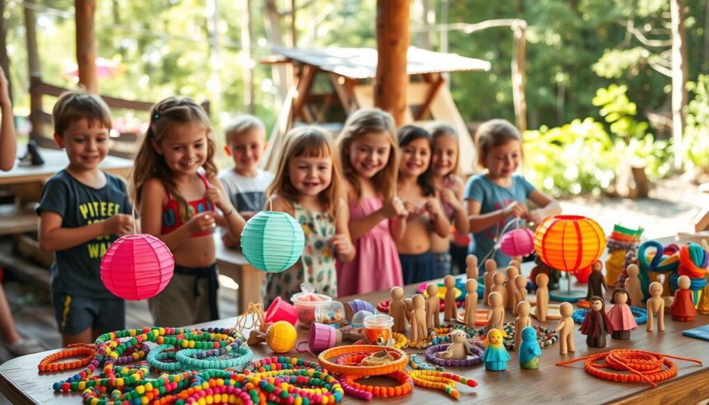 Children gathered around a table outdoors, making colorful crafts with beads, figurines, and lanterns—perfect example of creative summer camp crafts for kids.