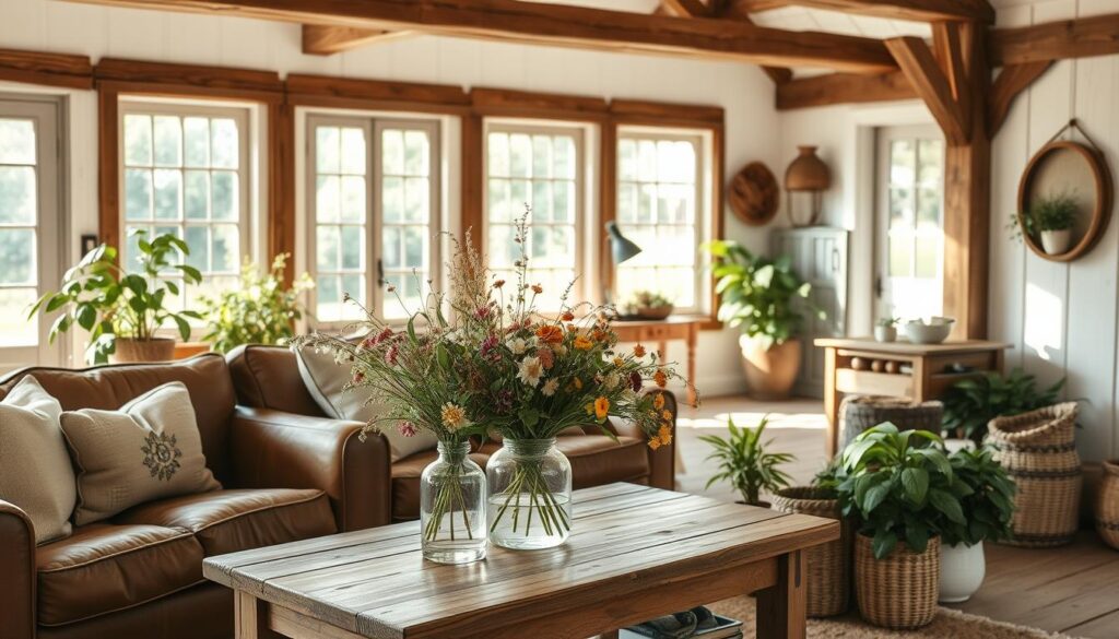 Sunlit farmhouse-style living room with rustic wood beams, leather sofa, vibrant summer flowers, and lush greenery—perfect example of farmhouse-inspired summer decor.