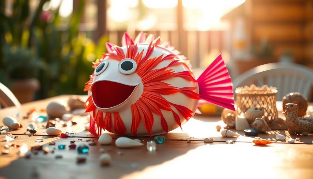 Colorful fish sculpture surrounded by seashells and pebbles, ideal inspiration for creative summer camp crafts for kids.