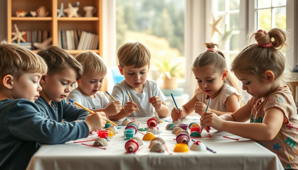 Preschoolers painting seashells at a table filled with colorful paints and brushes in a bright, cheerful indoor setting.