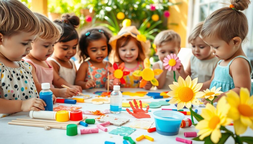 Toddlers making colorful flower crafts at an outdoor table filled with paint, paper, glue, and sunflowers—an example of summer craft ideas for toddlers.