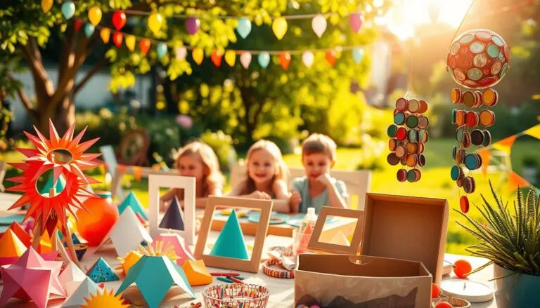 Children painting and gluing recycled materials like egg cartons, bottle caps, and cereal boxes for summer craft projects.