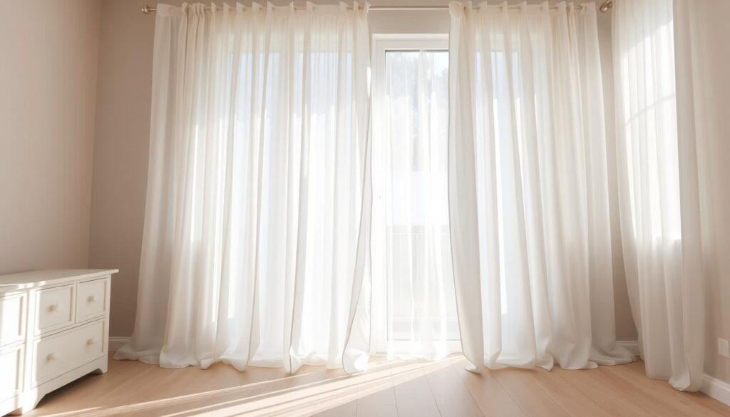 Minimalist bedroom with sheer white curtains filtering summer sunlight, casting soft shadows on light wood flooring—ideal example of light and breezy summer curtain styles for bedrooms.