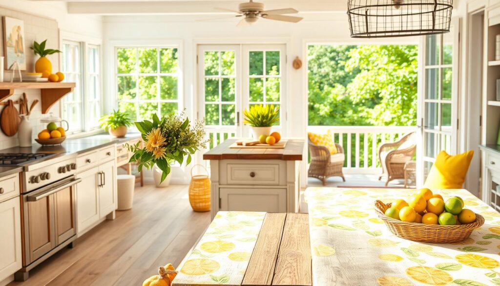 Bright summer kitchen featuring citrus-themed decor, including lemons, limes, and oranges, with natural light and fresh greenery.