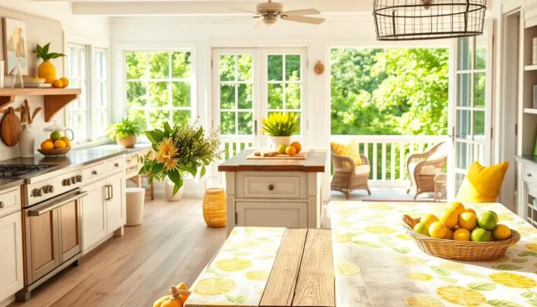 Bright summer kitchen featuring citrus-themed decor, including lemons, limes, and oranges, with natural light and fresh greenery.