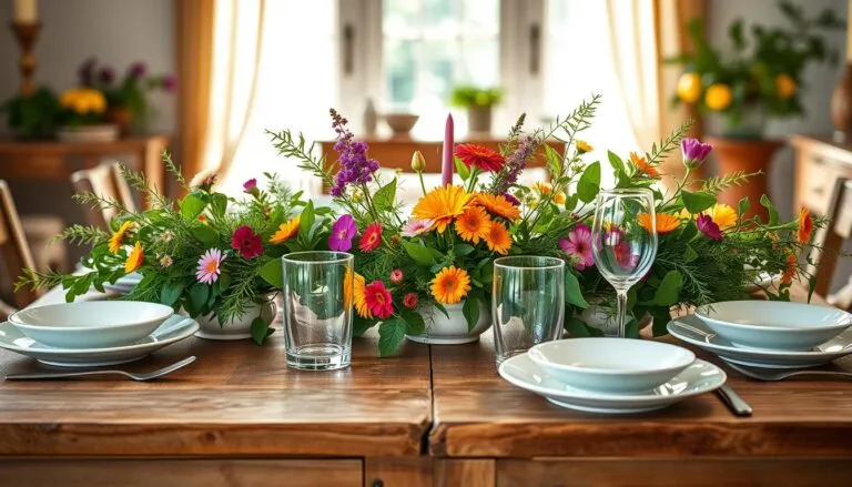 “Vibrant summer floral centerpiece featuring mixed orange, pink, purple, and yellow blooms with greenery, arranged on a wooden dining table with white dishware and glassware in a cozy room.