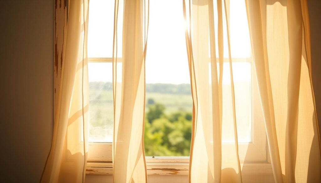 Rustic window with sheer beige curtains billowing in the breeze, sunlight streaming through and revealing a peaceful green landscape—evoking light and breezy summer curtain styles for bedrooms.